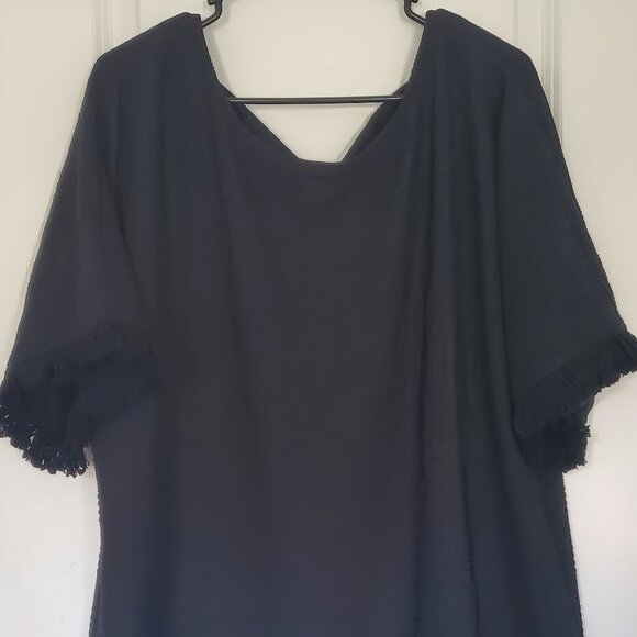 Women's Black Fringe Short Sleeve Sweater - Picture 1 of 6